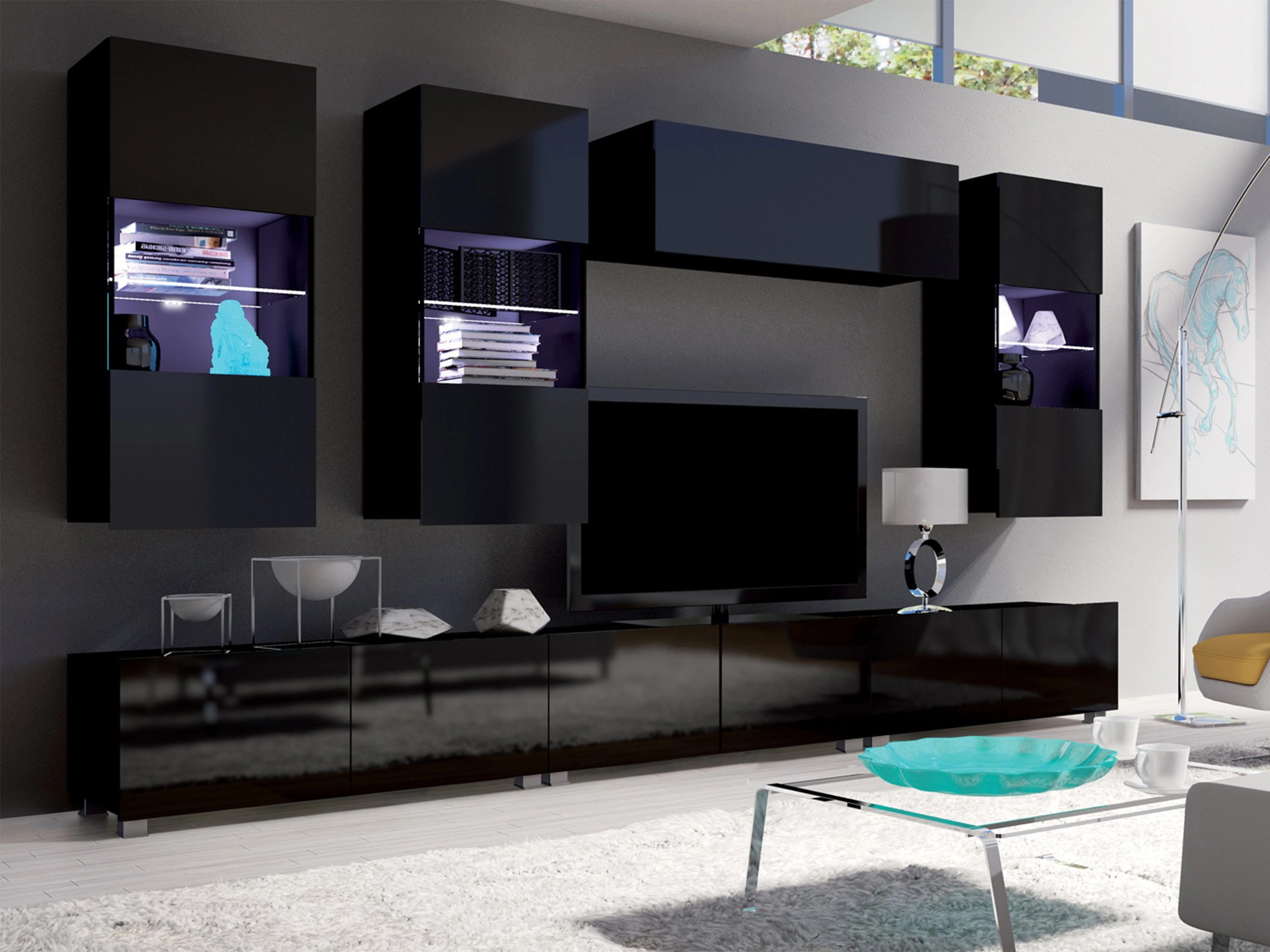 Set de living Remus XI (Negru + Negru lucios)