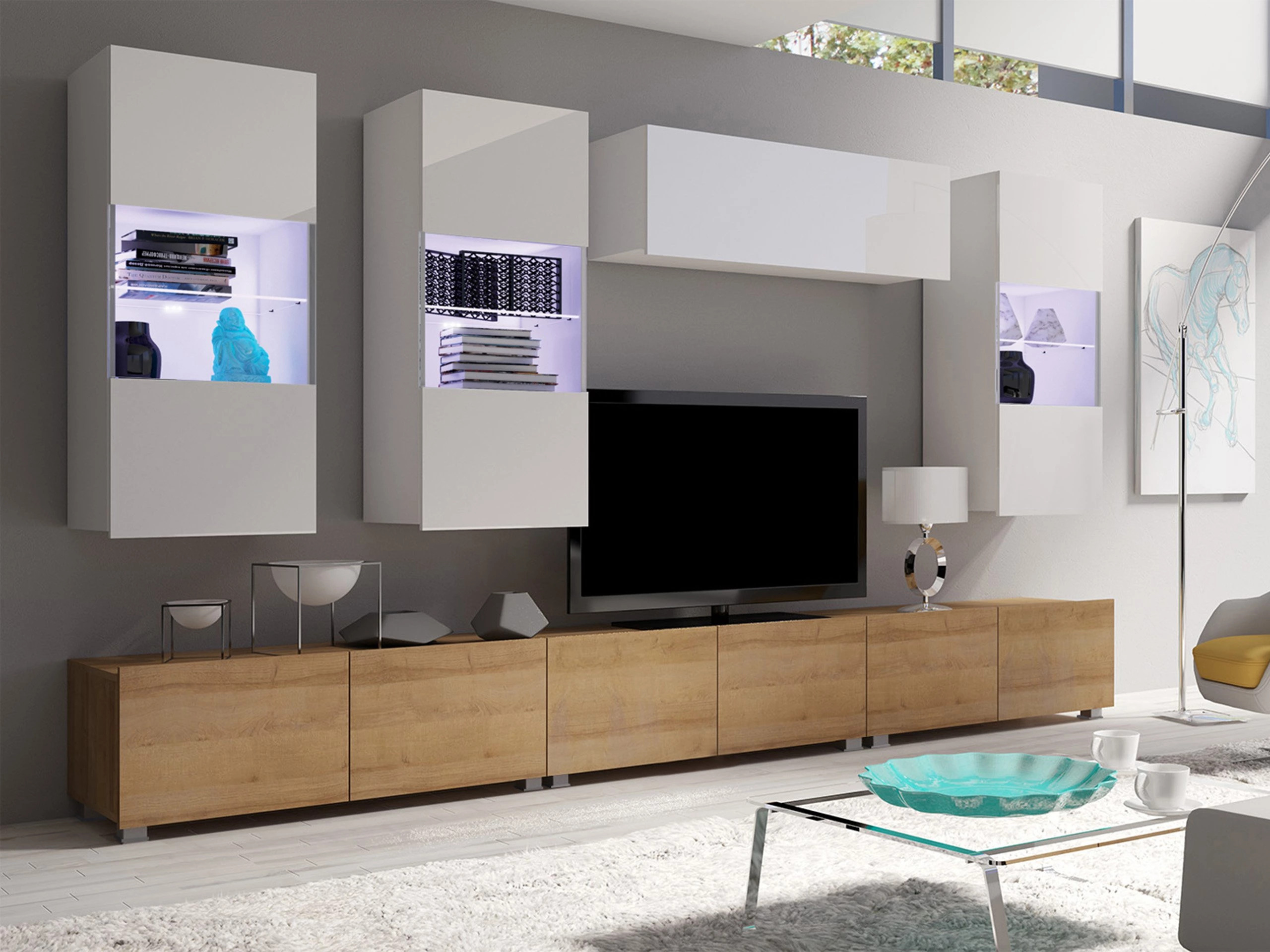 Set de living Remus XI (Stejar auriu + Alb + Alb lucios)