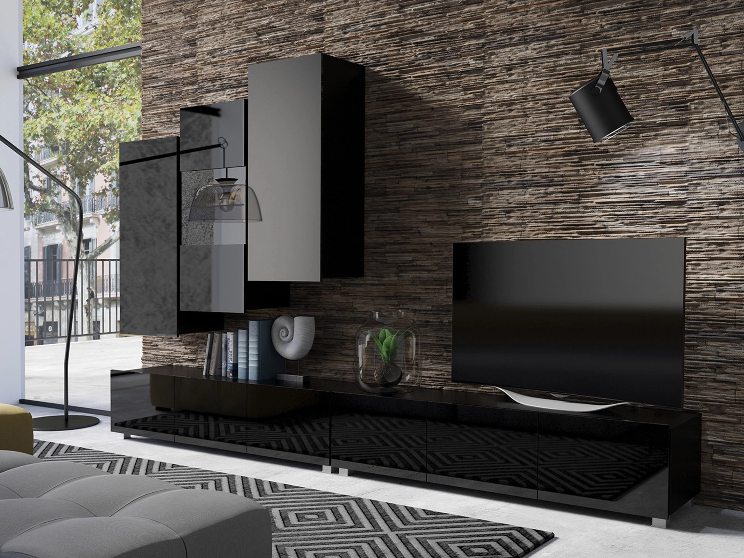 Set de living Remus XVII (Negru + Negru lucios)