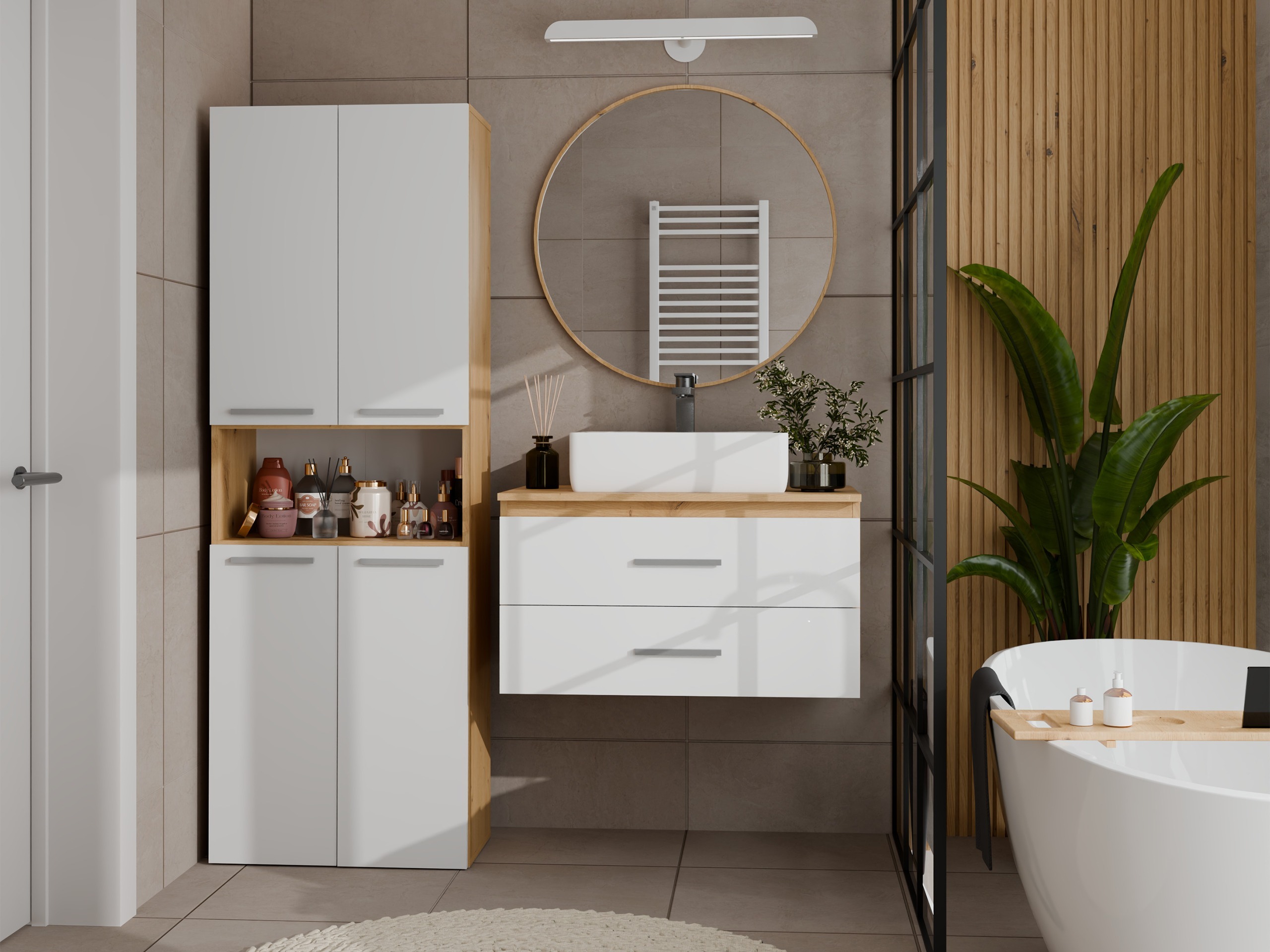 Cabinet de baie neancorat Nolmaru 101 (Stejar artizan + Alb)