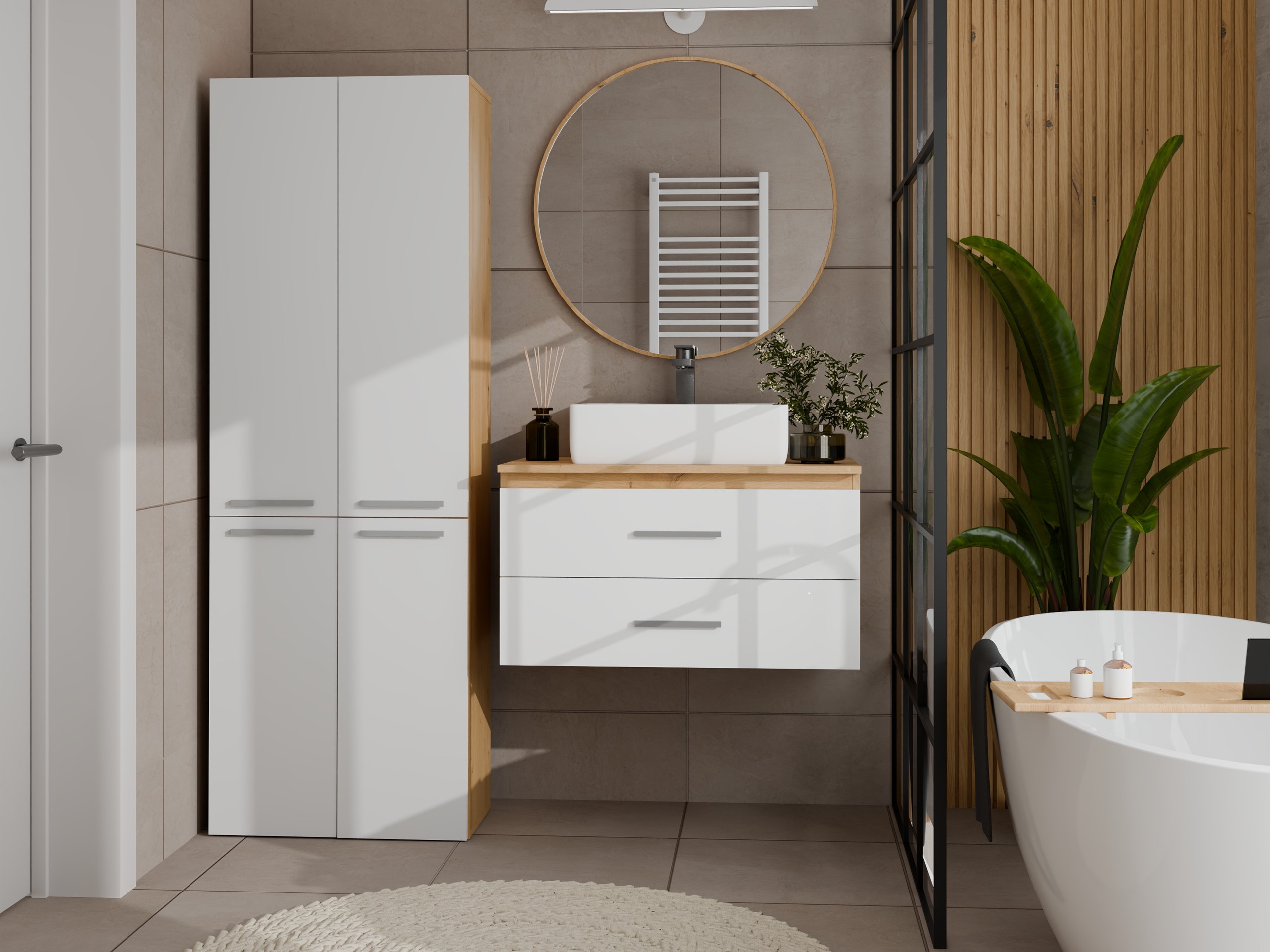 Cabinet de baie neancorat Nolmaru 102 (Stejar artizan + Alb)