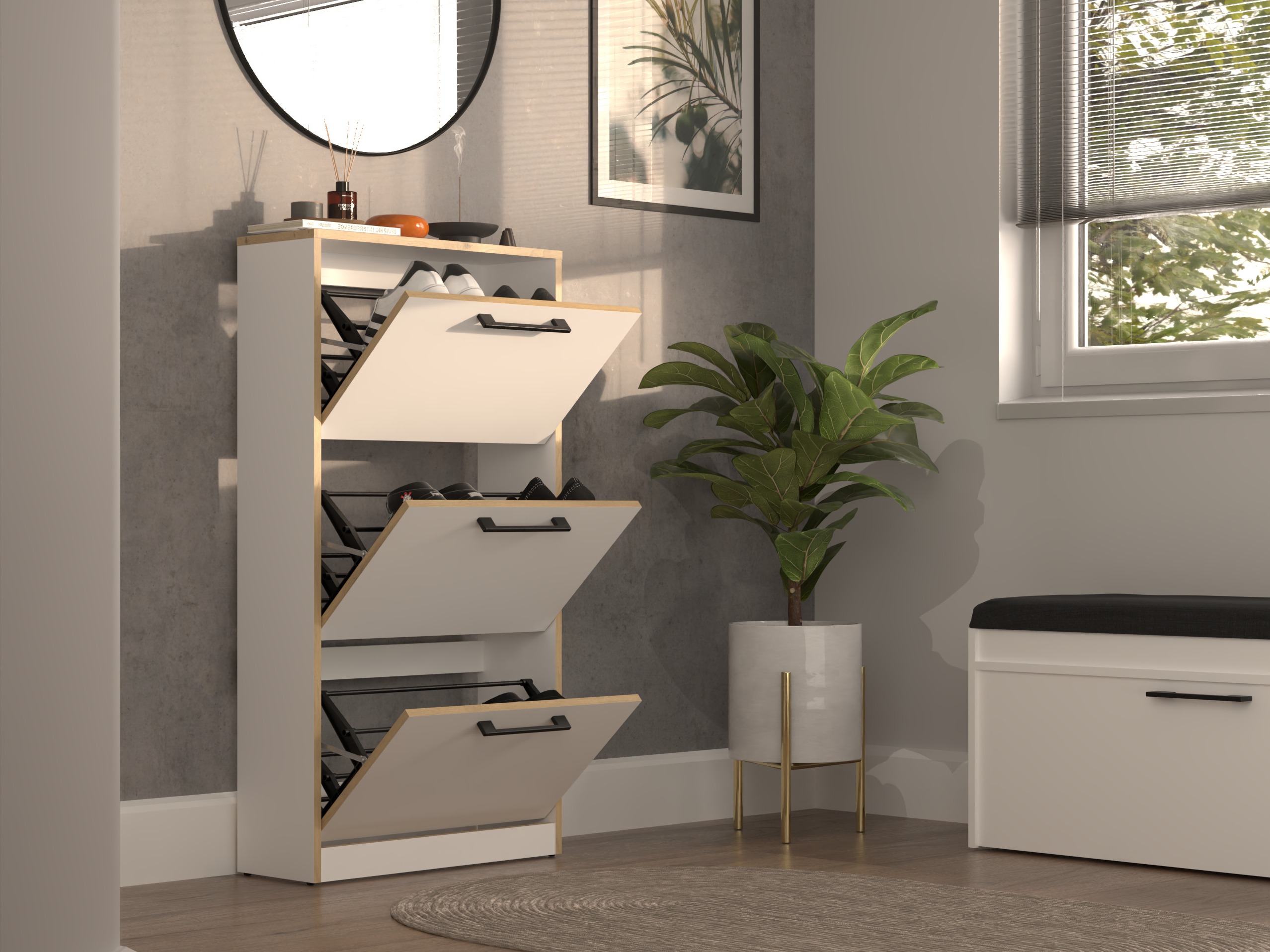 Dulap pantofi Mandeville 224 (Alb + Stejar artizan)