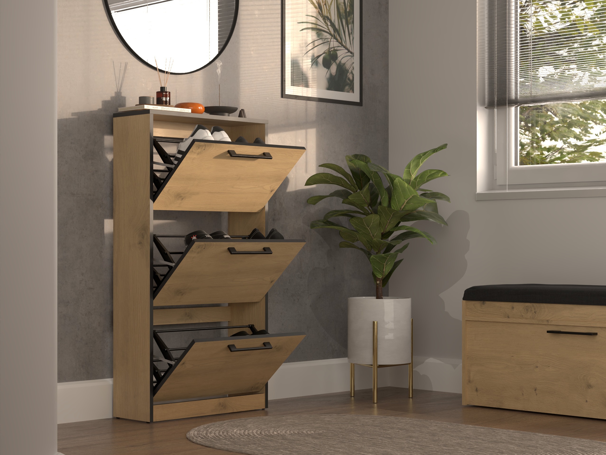 Dulap pantofi Mandeville 224 (Stejar artizan + Negru)